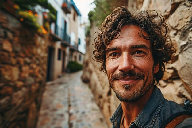 a man with curly hair standing in front of a stone wall