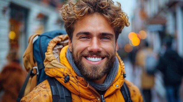 Photo man with curly hair wearing backpack