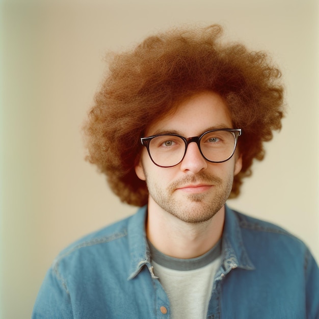 Photo a man with curly hair wearing glasses and a denim shirt.