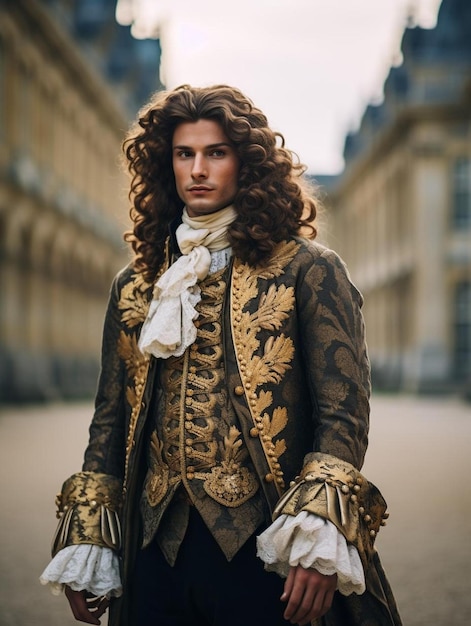 a man with curly hair and a white scarf is walking down a street.