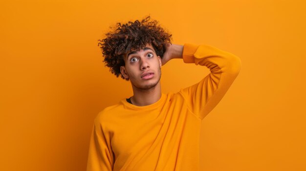 a man with curly hair and a yellow shirt is posing in front of a orange background