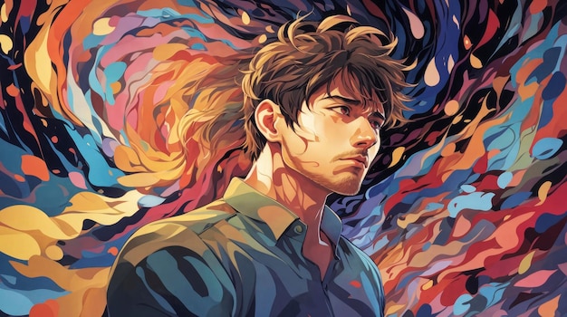 A man with dark hair and a colorful swirl of light illustration