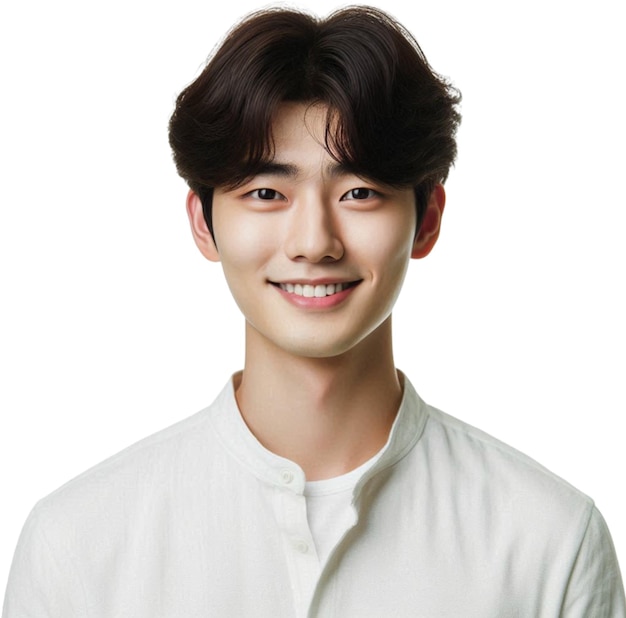a man with dark hair and a white shirt that says  he is smiling