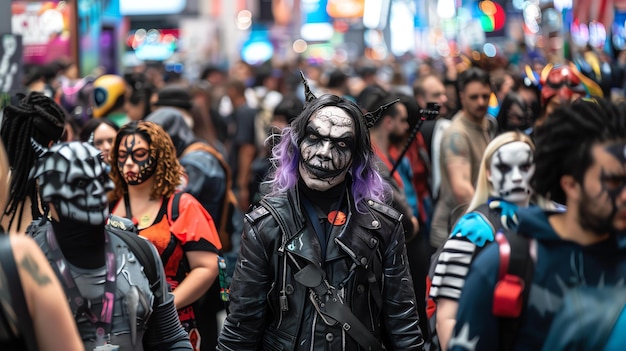 Photo a man with a dark and sinister face is walking through a crowd of people he is wearing a black leather jacket and has purple hair