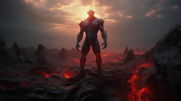 A man with a devil face stands on a lava field.