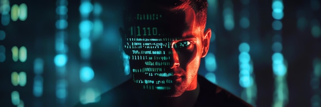 man with digital binary code projected on his face against a futuristic background hacker and coding concept representing digital information and online security risks