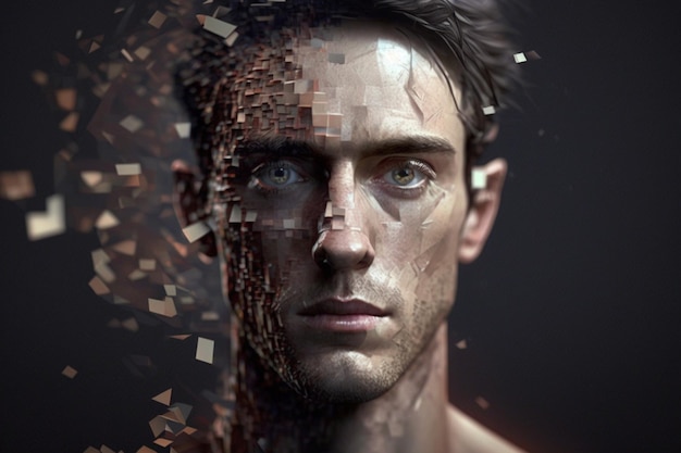 A man with a digital face made of squares