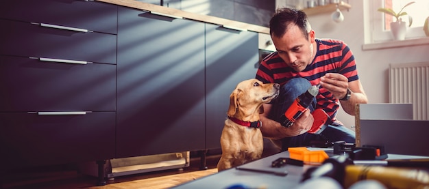 Man with dog building kitchen cabinets