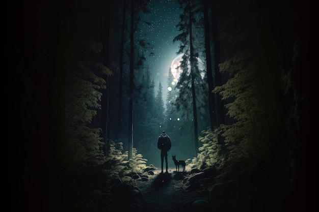 A man with a dog in the dark forest night in a woodland AI Generated background