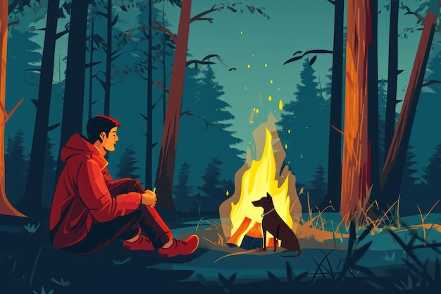 A man with a dog is sitting by the fire in the forestVector illustration in flat cartoon style