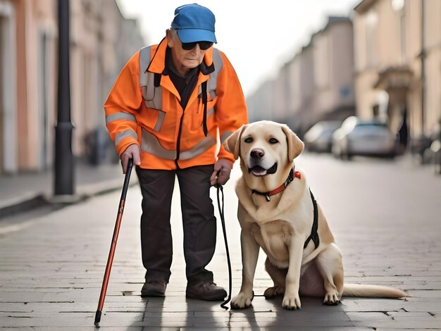 犬とリードをつけた男が犬を散歩させている