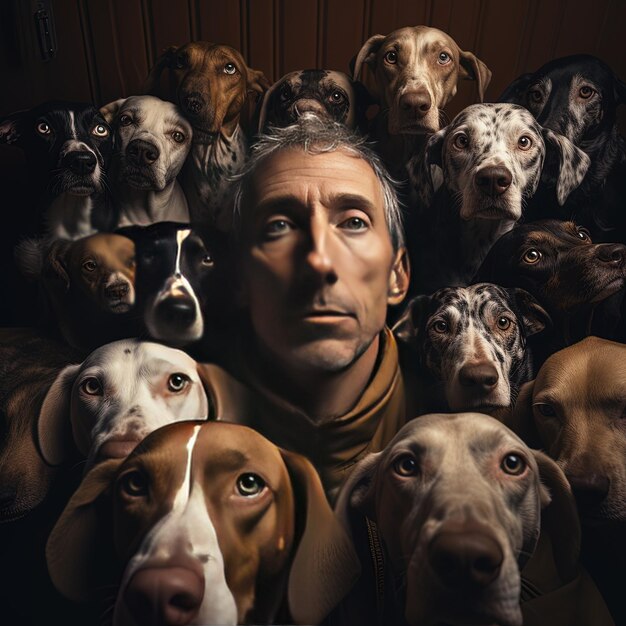 a man with a dog and many dogs in a room
