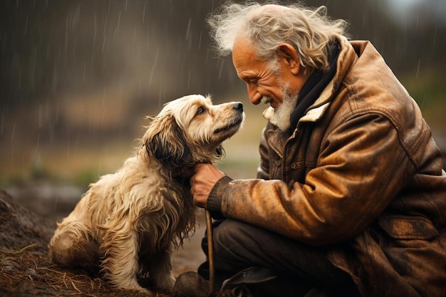 A man with a dog in the rain