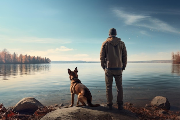 a man with a dog sitting on the shore of a lake Generative AI