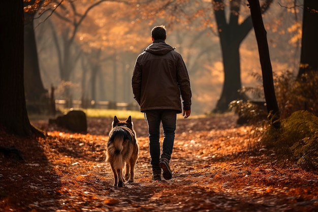 Foto uomo con un cane a fare una passeggiata nel parco ia generativa