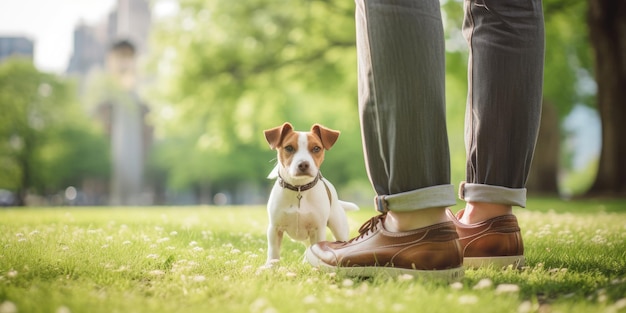 夏の公園で犬と散歩する男性 生成 AI