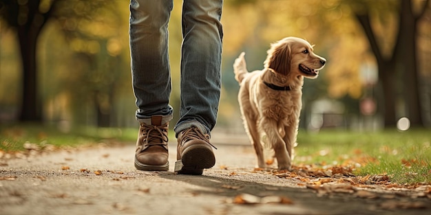 夏の公園で犬と散歩する男性 生成 AI