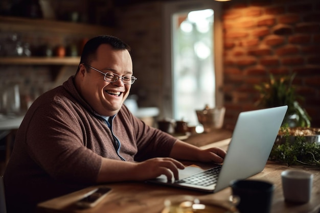 Мужчина с синдромом Дауна использует портативный компьютер дома, сидя за столом Генеративный ИИ