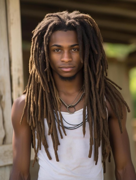 a man with dreadlocks and dreadlocks is standing in front of a building