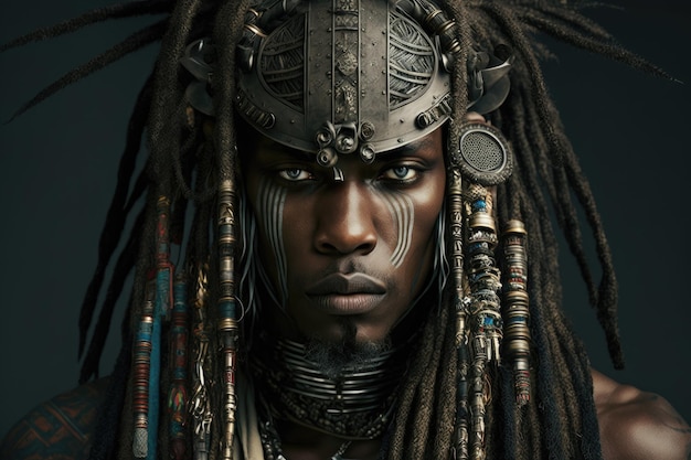 A man with dreadlocks and dreadlocks looks into the camera.