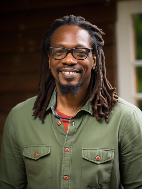 a man with dreadlocks and glasses is wearing a green shirt with a shirt that says dreadlocks