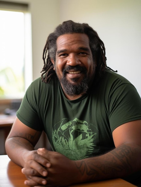 Photo a man with dreadlocks and a green shirt that says  his name is on it