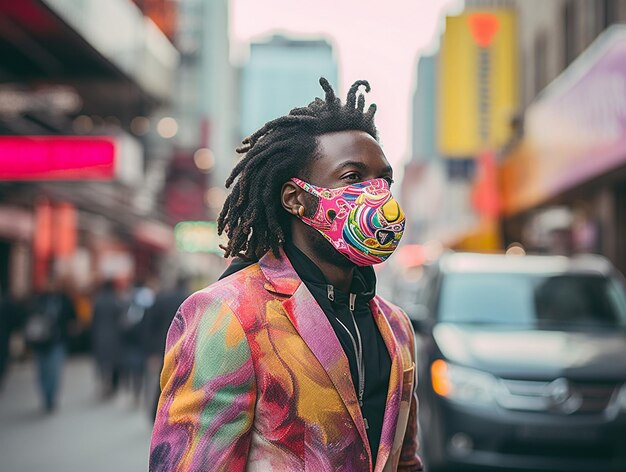 a man with dreadlocks and a mask on his face is walking down a street.