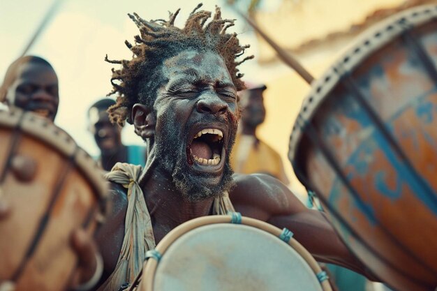 Foto un uomo con i dreadlocks che suona un tamburo