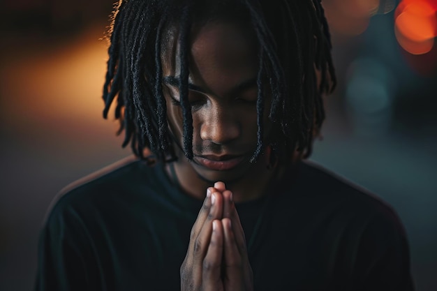 Man With Dreadlocks Praying in the Dark