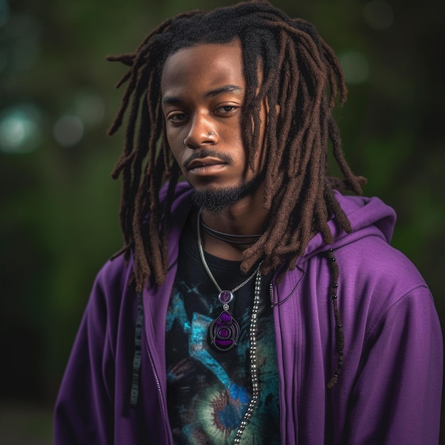 Photo a man with dreadlocks and a purple hoodie has a symbol on his shirt.