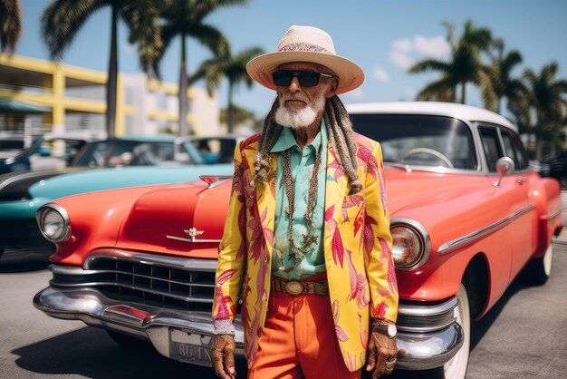 A man with dreadlocks in retro style by the car in the city