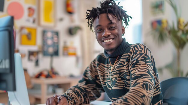 a man with dreadlocks sits at a desk in front of a painting