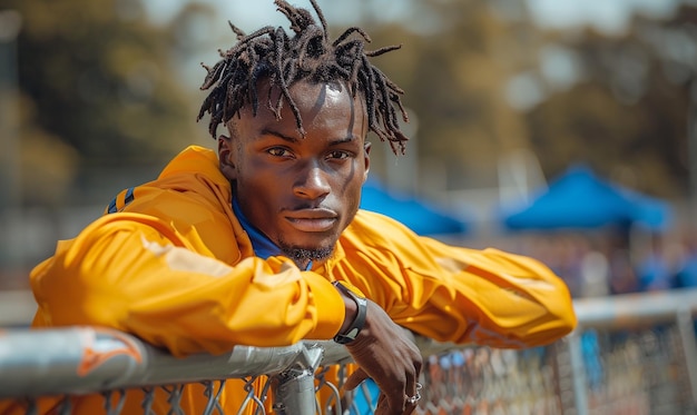 Photo a man with dreadlocks sits on a fence