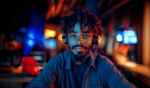 Photo man with dreadlocks sitting in customer support office