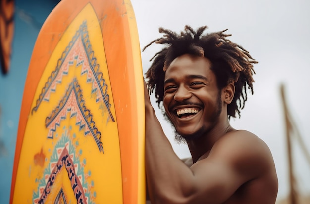 A man with dreadlocks smiles while holding a surfboard.