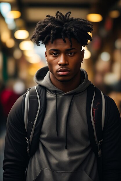 Man with dreadlocks standing in city street wearing backpack Generative AI