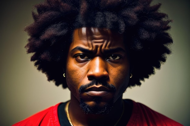 A man with a dreadlocks and a white shirt is standing in front of a dark background