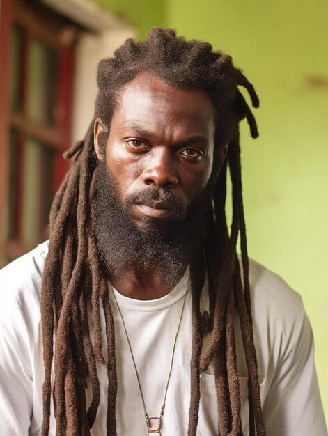 Photo a man with dreadlocks and a white shirt is standing in front of a green wall