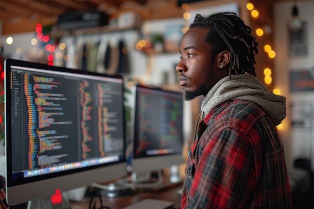 Photo man with dreadlocks working on computer screen