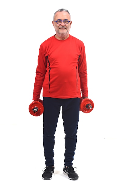 Man with dumbbells on white 