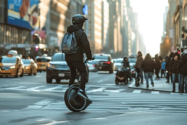 Photo man with electric unicycle on a city busy street