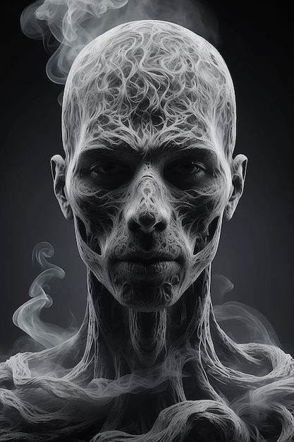 Человек с лицом, покрытым дымом, на сером фоне, созданный с использованием генеративной технологии искусственного интеллекта