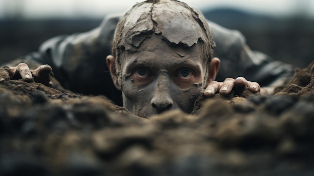 A man with a face covered in mud ai