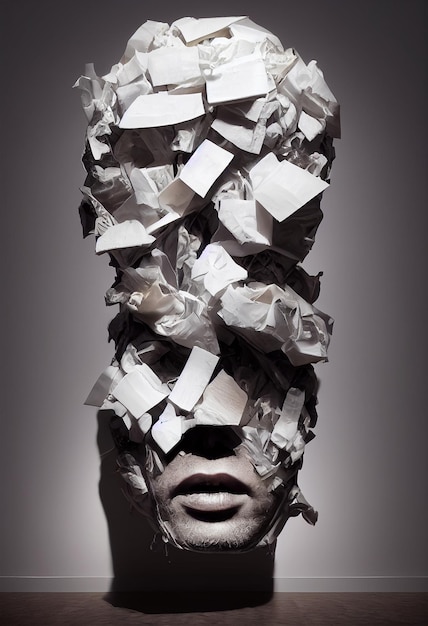 Человек с лицом, покрытым бумагой и множеством скомканных бумаг.