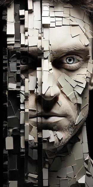 a man with a face made of blocks of paper.