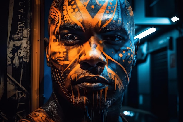 A man with a face painted with a design of a fish on it.