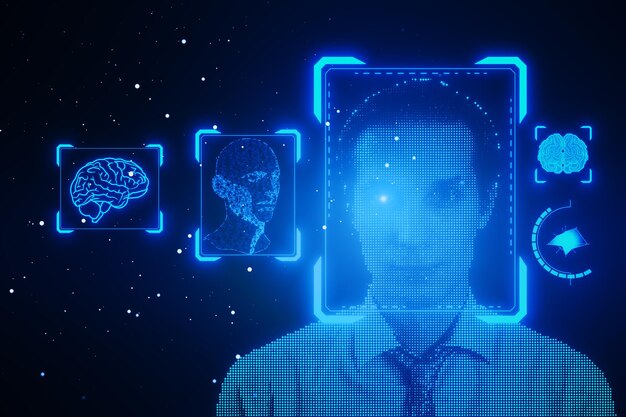 Man with face recognition hologram on blurry blue background face id and password concept