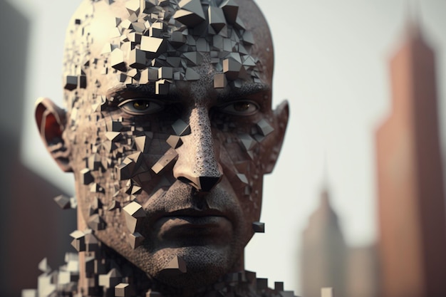 A man with the face of a robot made of cubes