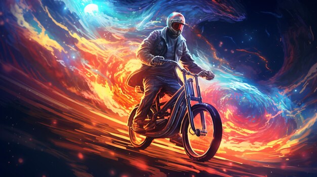写真 華麗な服を着た男性が輝く自転車に乗っています