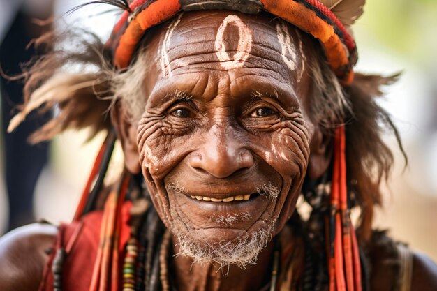 Foto un uomo con un copricapo di piume e un sorriso